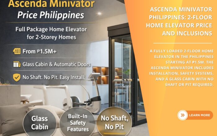 Ascenda Minivator home elevator installed in a two-storey house in the Philippines with glass cabin and automatic doors