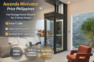 Ascenda Minivator home elevator installed in a two-storey house in the Philippines with glass cabin and automatic doors